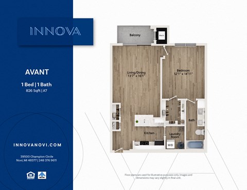 Floor plan for 1 bed, 1 bath, 826 sqft